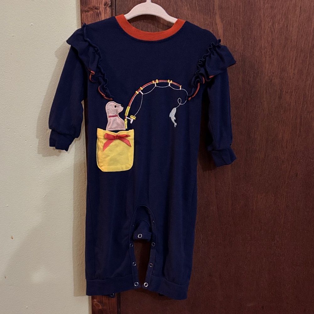 Navy Blue Kids One Piece Bodysuit with Fishing Design